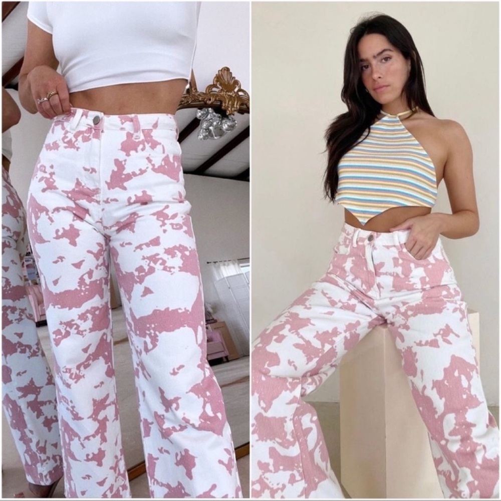 New Pink Ivory Cow Print High Rise Wide Leg 4 Pocket Denim jeans